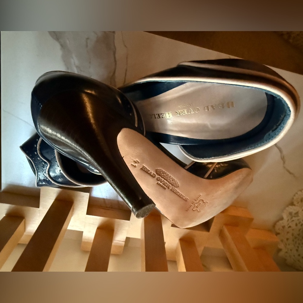 Head Over Heels London - Deep Blue Leather Wing-Tip, Squared Open Toe, D’Orsay - Picture 8 of 15